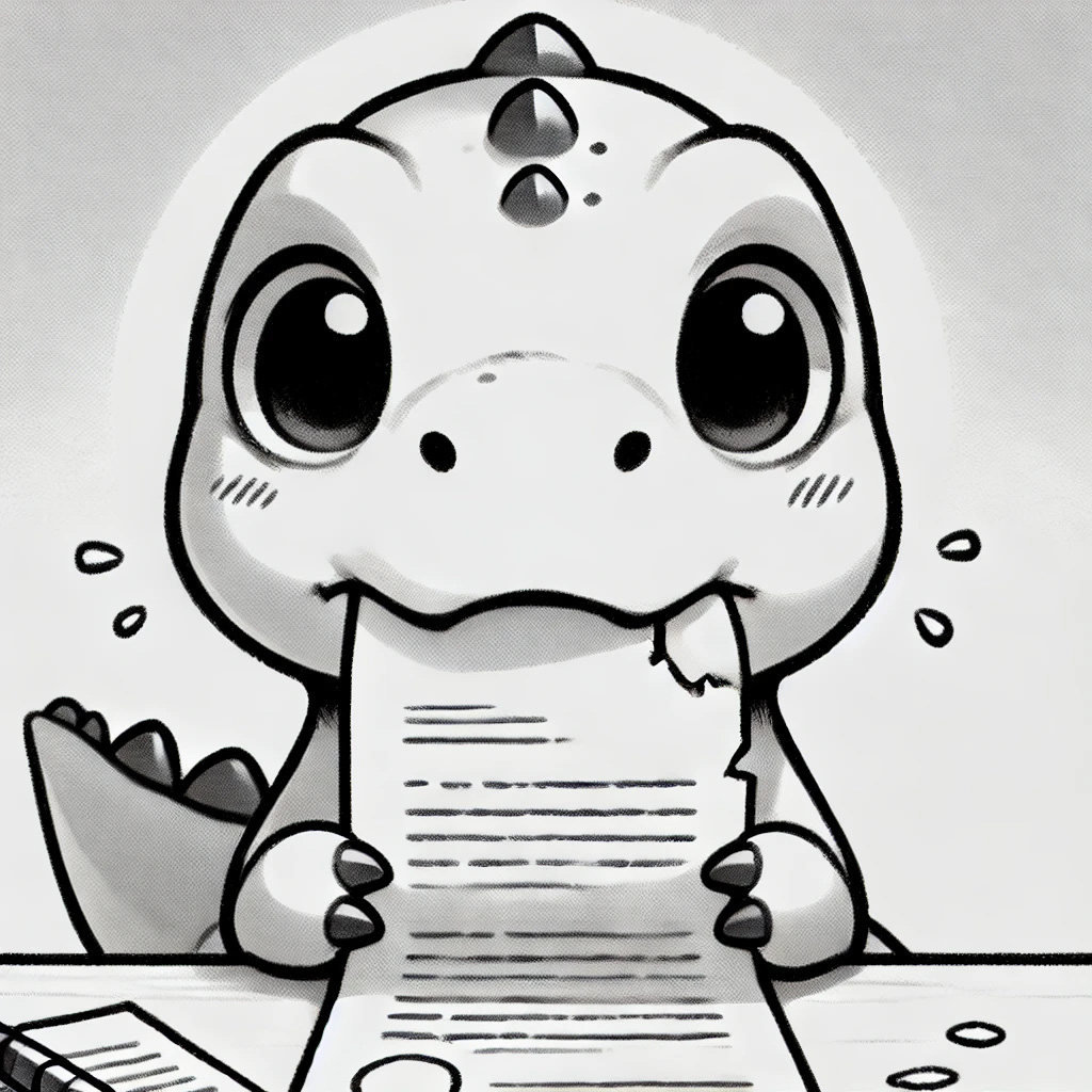 Chibi T-Rex munching on a document
